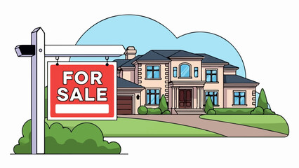 A cartoon image of a luxurious house with a "For Sale" sign in the foreground © riko
