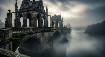 Ancient gothic stone bridge structure with ornate arches and statuary shrouded in dense mysterious river fog under a dramatic overcast sky