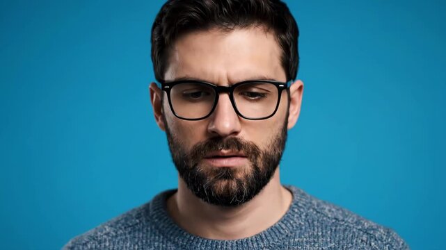 Tired Man Napping - A bearded man wearing glasses is seen with his eyes closed, possibly sleeping. He is wearing a blue sweater and is set against a plain blue background.