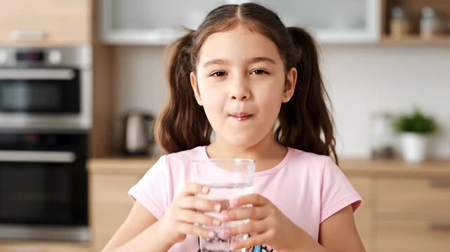 Young Girl Hydrating with Water at Home - A young girl with pigtails is shown drinking a glass of water in a bright kitchen setting. She is wearing a pink shirt with a unicorn design.