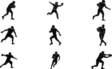 American Football Player Silhouettes Set &ndash; Dynamic Running, Passing, and Tackling Action Poses Vector