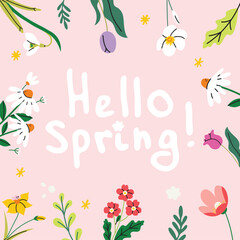 Spring stickers collection. Hello spring quotes.  Floral springtime  greeting card with hand drawn floral decorative elements and lettering. Positive phrases for stickers, postcards or posters. 