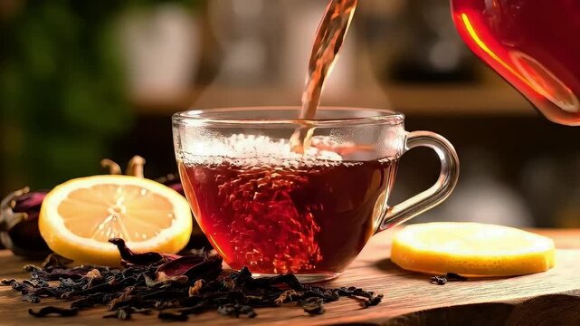 Pouring hot red hibiscus tea from glass teapot into clear cup on wooden board with lemon slices and steam rising up