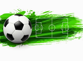 Soccer ball on green field background with white lines