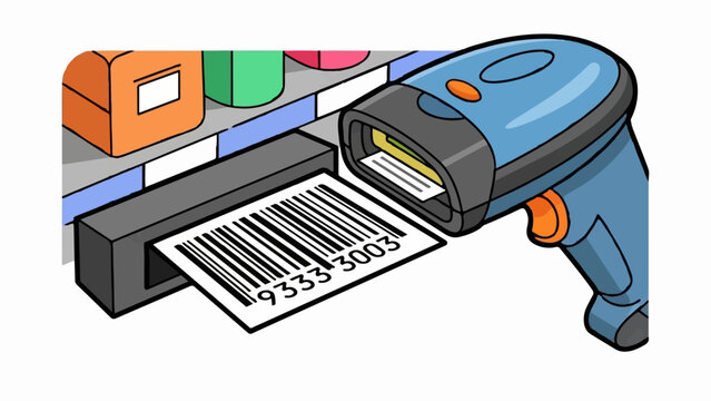 A blue scanner reads a barcode in front of store shelves with products