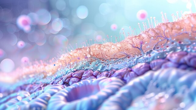 AMD/Low Vision Awareness Month: Scientific illustration of retinal photoreceptor cells and RPE layer at microscopic level, rod and cone cells arrangement, cellular membrane detail