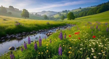 Lush green valley springtime scene featuring a meandering stream surrounded by vibrant purple lupines and numerous colorful wildflowers growing tall in the early morning light.