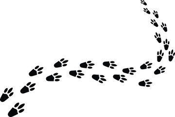 Black animal paw prints path trail following a curved line silhouette vector illustration isolated on a white background © Md