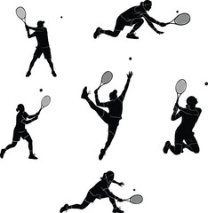 Tennis Player Silhouettes Action Poses Set &ndash; Black Dynamic Tennis Figures