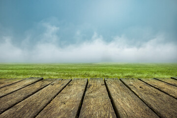 Verwitterte Holzveranda aus alten Holzdielen vor einer Wiese