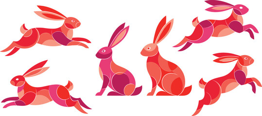 Collection of Stylized Colorful Geometric Running and Sitting Rabbits in Vibrant Pink and Red Gradient Mosaic Art Style © Md