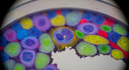 High magnification fluorescent micrograph reveals a diverse population of brightly stained biological cells exhibiting varying sizes and nuclear structures within a laboratory culture dish 