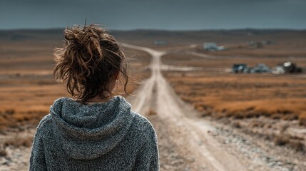 A woman in a gray hoodie stands facing a long, winding dirt road in a rural landscape