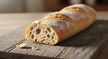 Closeup view reveals the incredible airy interior structure and crust texture of a perfectly baked artisan french baguette resting on rustic wood