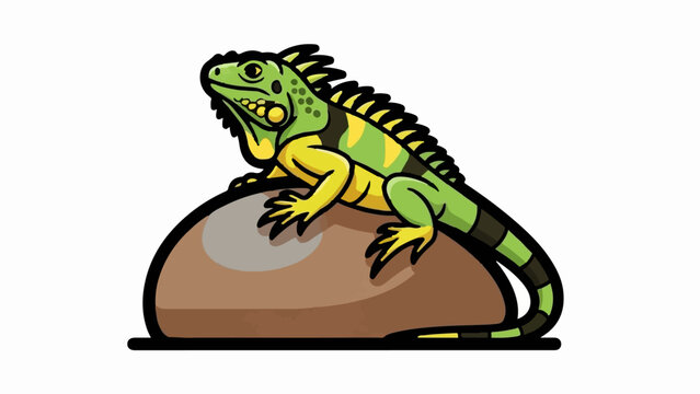 A cartoon iguana with green and yellow stripes sits on a brown rock