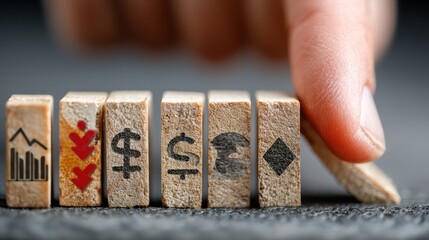 A hand pushes a domino, with various money symbols and economic arrows, in a row