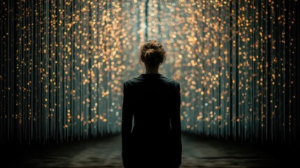 A woman, back to camera, gazes down a corridor shimmering with countless lights