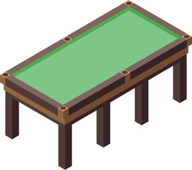 Isometric view of an empty billiards table, featuring green cloth and wooden legs, ready for a game