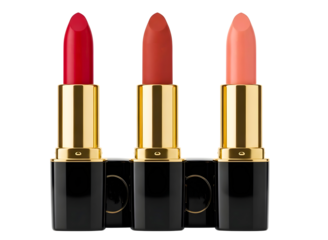 Three lipsticks in gold tubes isolated on transparent background