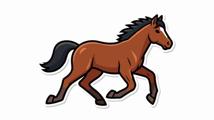 A cartoon brown horse with a black mane and tail runs dynamically across a white background © Pisang