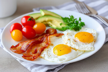 Delicious breakfast plate includes sunny-side-up eggs, crispy bacon, vibrant tomatoes, and creamy avocado, presented on a white dish with a soft gray napkin