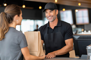 Friendly male staff member in black uniform is handing a takeout bag to a woman at a cafe counter, highlighting customer service and warm atmosphere