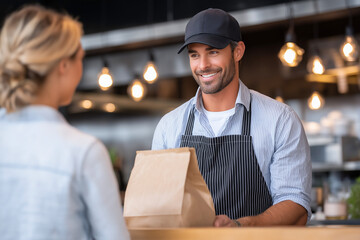 Friendly male staff member in black uniform is handing a takeout bag to a woman at a cafe counter, highlighting customer service and warm atmosphere