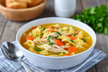 Bowl of chicken noodle soup featuring colorful vegetables and herbs, accompanied by bread rolls and a glass of red wine, creating a cozy dining atmosphere
