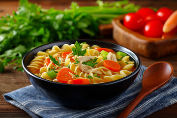 Bowl of chicken noodle soup featuring colorful vegetables and herbs, accompanied by bread rolls and a glass of red wine, creating a cozy dining atmosphere