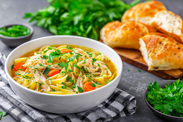 Bowl of chicken noodle soup featuring colorful vegetables and herbs, accompanied by bread rolls and a glass of red wine, creating a cozy dining atmosphere