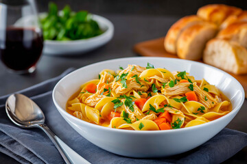 Bowl of chicken noodle soup featuring colorful vegetables and herbs, accompanied by bread rolls and a glass of red wine, creating a cozy dining atmosphere