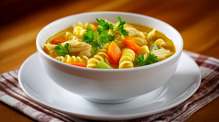 Bowl of chicken noodle soup featuring colorful vegetables and herbs, accompanied by bread rolls and a glass of red wine, creating a cozy dining atmosphere