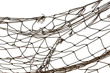 Torn Football or tennis net. Rope mesh on a white background close-up