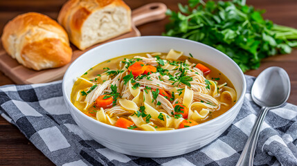Bowl of chicken noodle soup featuring colorful vegetables and herbs, accompanied by bread rolls and a glass of red wine, creating a cozy dining atmosphere
