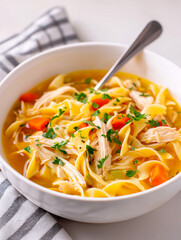 Bowl of chicken noodle soup featuring colorful vegetables and herbs, accompanied by bread rolls and a glass of red wine, creating a cozy dining atmosphere