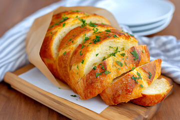 Artisan bread loaf, sliced and garnished with fresh herbs, displayed on a wooden cutting board, highlighting texture and inviting atmosphere in a kitchen