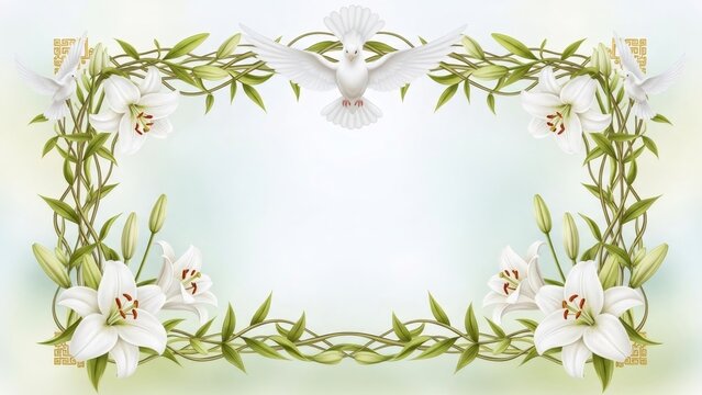White dove flying over a border of lily flower and green vine, spiritual design for greeting card or funeral program.