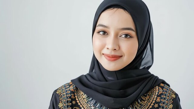 Smiling young woman wearing black embroidered hijab in neutral studio portrait.