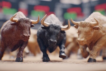 Charging Bulls in Financial District Symbolizing Stock Market Trends.