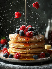 Pancake on a plate with berries and syrup against a bokeh background - ai generative