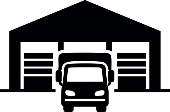 Minimalist black and white vector icon of delivery truck at a distribution warehouse loading dock