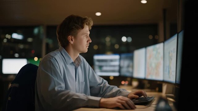 A cybersecurity expert verifying system logs inside a dim SOC room, colorful heatmaps revealing anomalies as they validate threat activity &mdash; incident response, digital forensics, and enterprise