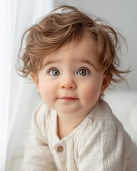 Naklejka premium Adorable toddler with large expressive hazel eyes and unruly brown curls looking directly forward in a bright soft focus portrait close up