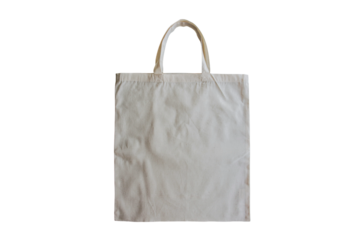 Blank beige canvas tote bag with handles, isolated on transparent background