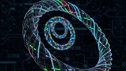 Abstract digital data flow with glowing concentric rings on a circuit board background. 24 7 365 nonstop service concept image for customer support marketing