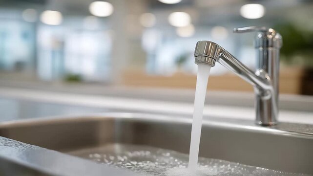 A stainless steel hospital sink with touchless faucet running cool water, droplets forming perfect beads on the spotless surface &mdash; medical sanitation, infection control, and high-hygiene healthcare