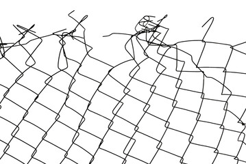 The texture of the metal mesh on a white background. Torn steel, metal mesh with holes