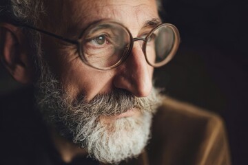 Portrait of Thoughtful Elderly Man with Glasses and Beard in Deep Contemplation.