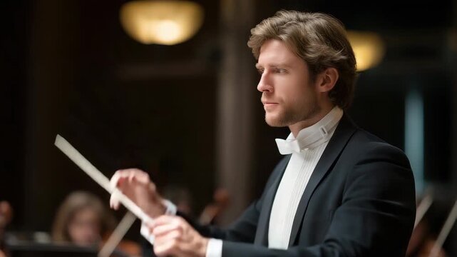 An orchestra conductor giving subtle hand and baton signals to guide musicians through a dramatic crescendo, stage lights highlighting every motion &mdash; performing arts communication, musical