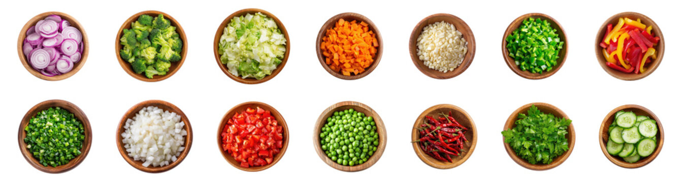 Top view of mix chopped vegetables isolated.